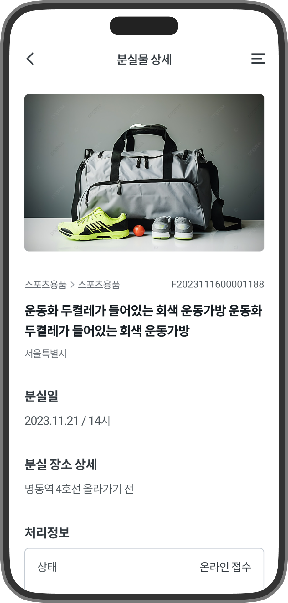 분실물의 상세내용 정보를 볼 수 있는 화면의 스크린샷입니다.