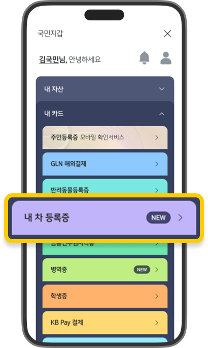 국민은행 모바일 앱에서 ‘국민지갑’ 화면에서 ‘내 차 등록증’ 메뉴를 강조한 스크린샷입니다.